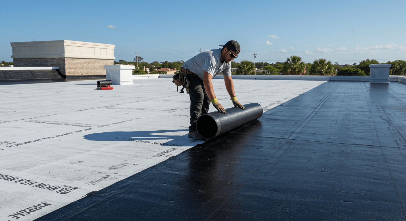 Roofer installing TPO roofing material on a commercial building, designed to resist Clearwater’s weather conditions and reduce long-term costs.