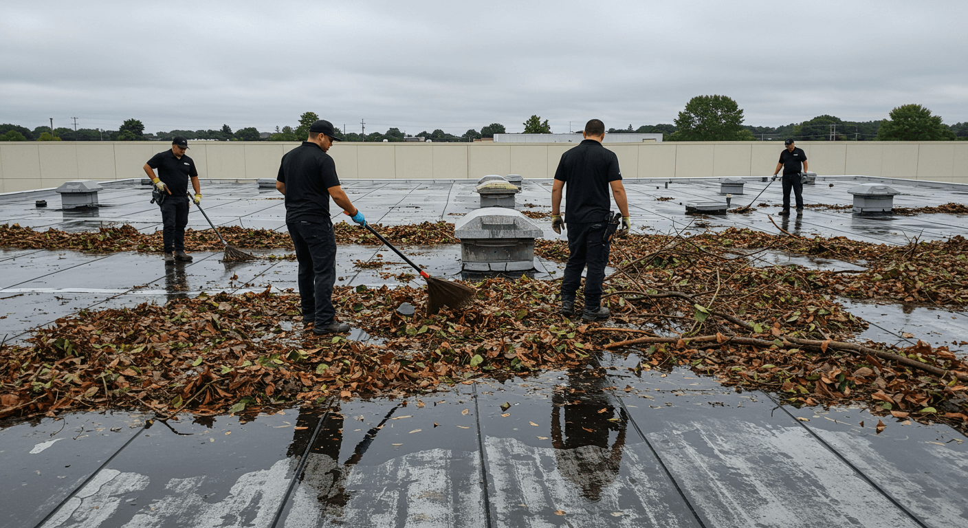 Roofers clearing debris from a commercial roof to maintain proper drainage and prevent water penetration.